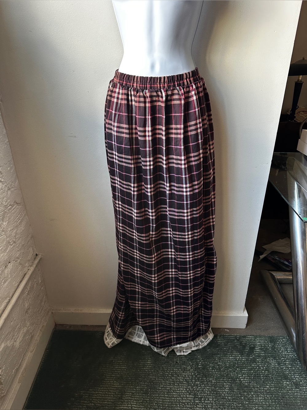 Plaid Patchwork Maxi Skirt Mixed Fabric Oversized Pockets Grunge Boho Burgundy